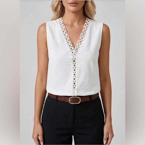 By Design Tops - 100% Cotton Boho V-Neck Crochet Detail Blouse White